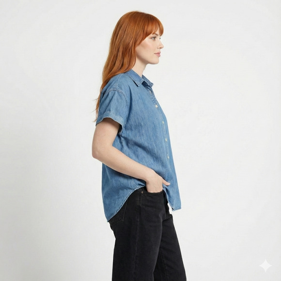 New Old Navy Denim Shirt Size XL Cap Sleeve Button Front Blue Jean Chambray Box - Picture 3 of 5